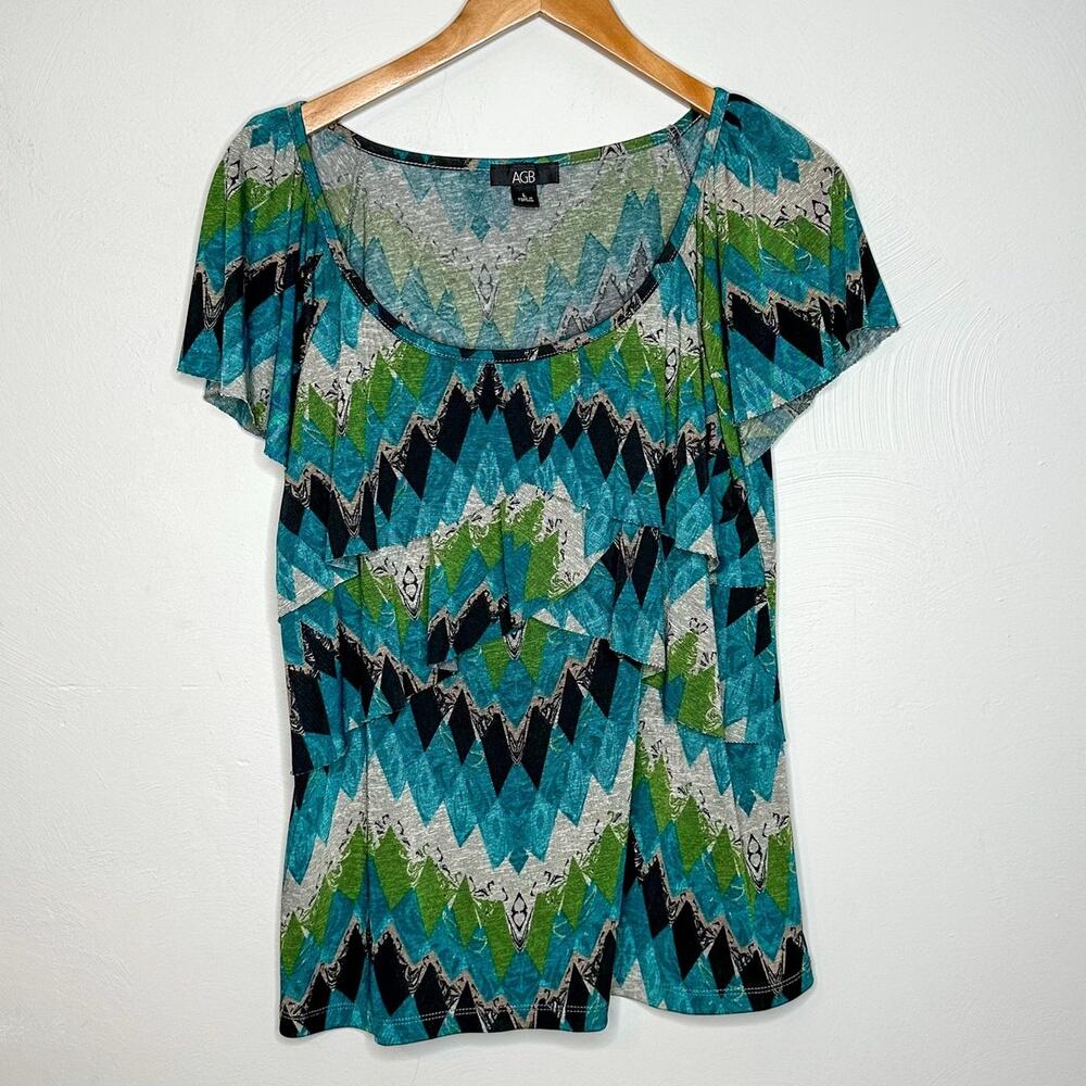 AGB Green Blue & Black Ruffle Layer Scoop Neck Short Sleeve Blouse